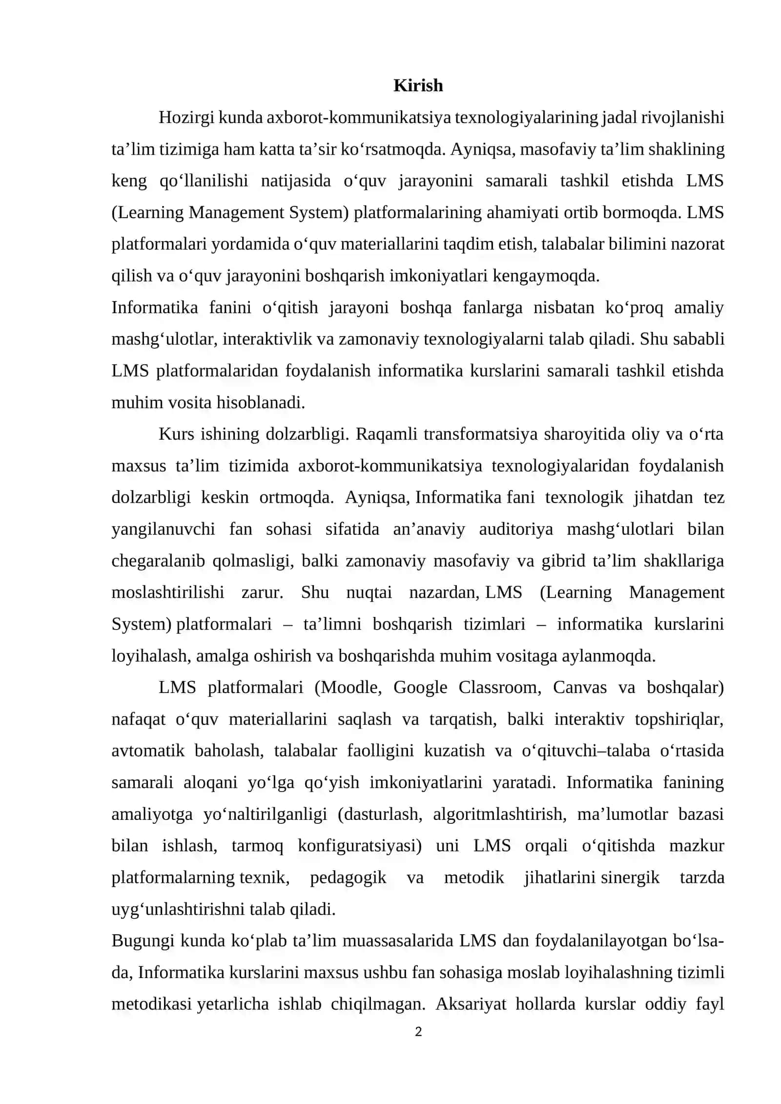 LMS platformalari asosida Informatika kurslarini loyihalash va boshqarish metodikasi. 2