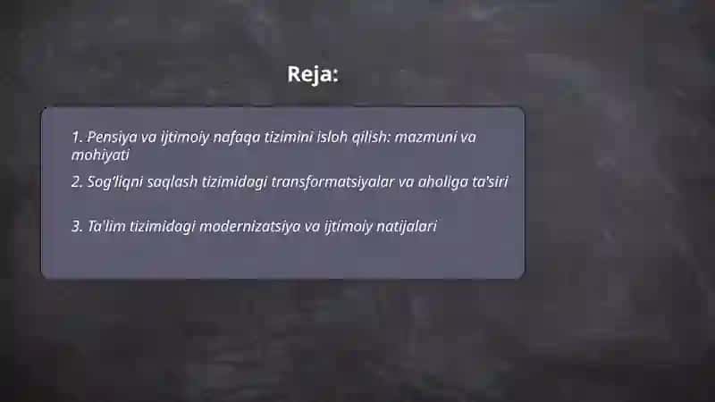 O‘zbekistonda ijtimoiy sohada amalga oshirilayotgan o‘zgarishlar mazmun va mohiyati - Azamov Doston 2