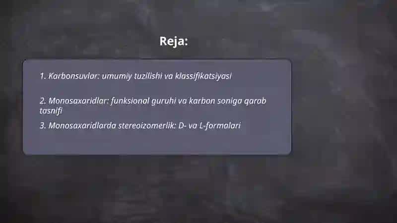Karbonsuvlar. Monosaxaridlar tuzilishi va hossalari. Di-, gomo- va geteropolisaxaridlar tuzilishi va xossalari 2