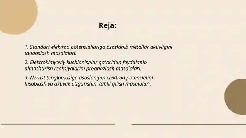Elektrokimyoviy kuchlanishlar qatorida metallar aktivligining oʻzgarishiga doir masalalar yechish 2