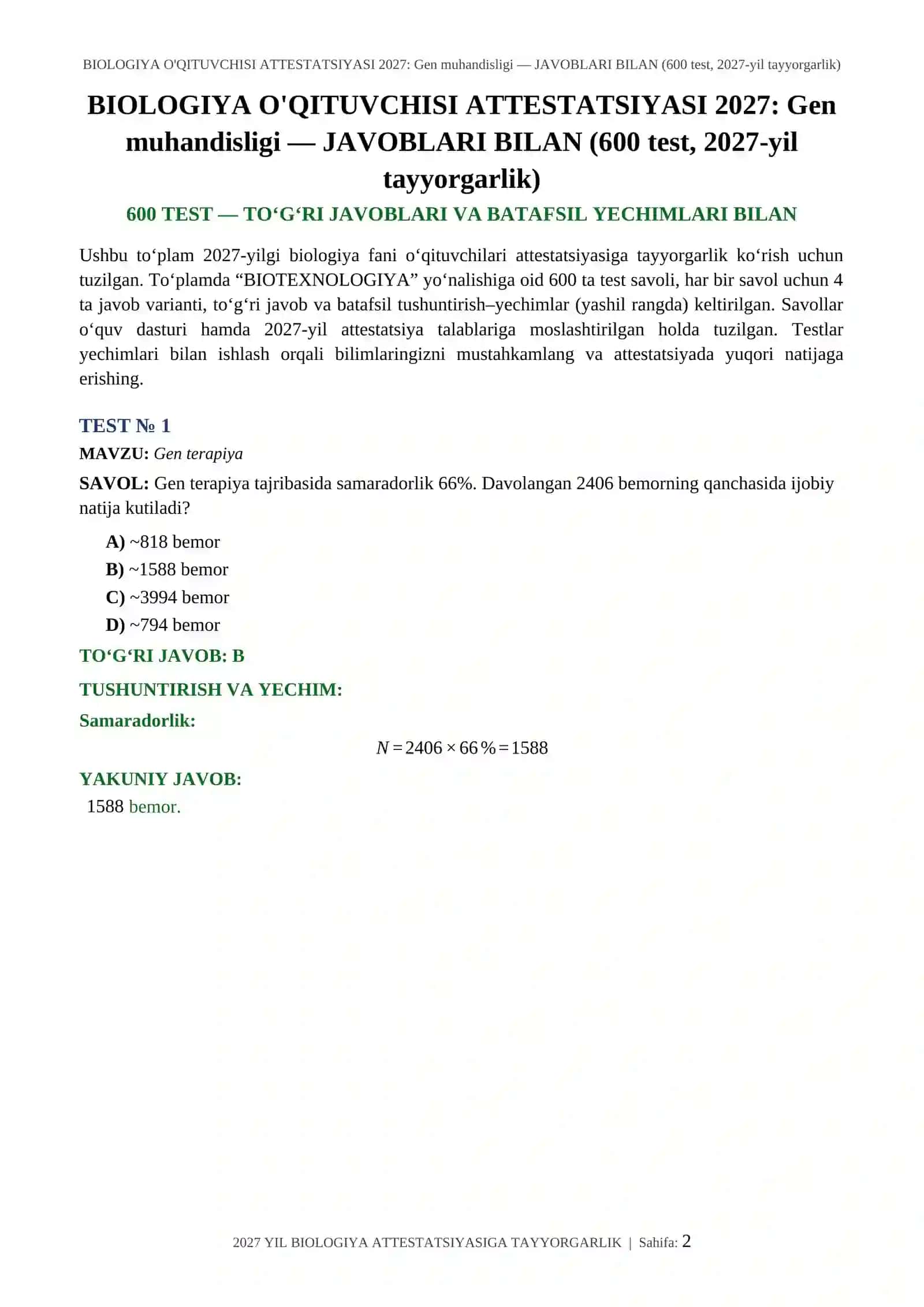 BIOLOGIYA O'QITUVCHISI ATTESTATSIYASI 2027 2