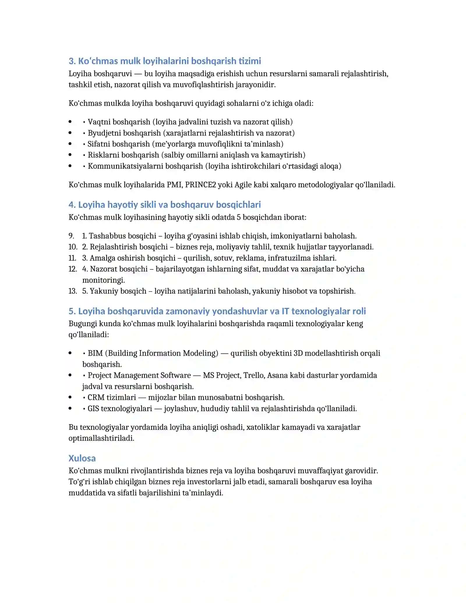 Ko‘chmas mulkni rivojlantirishda biznes reja va loyiha boshqaruvi 2