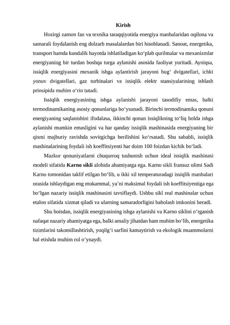 Issiqlik energiyasini ishga aylanishi karno sikli 2