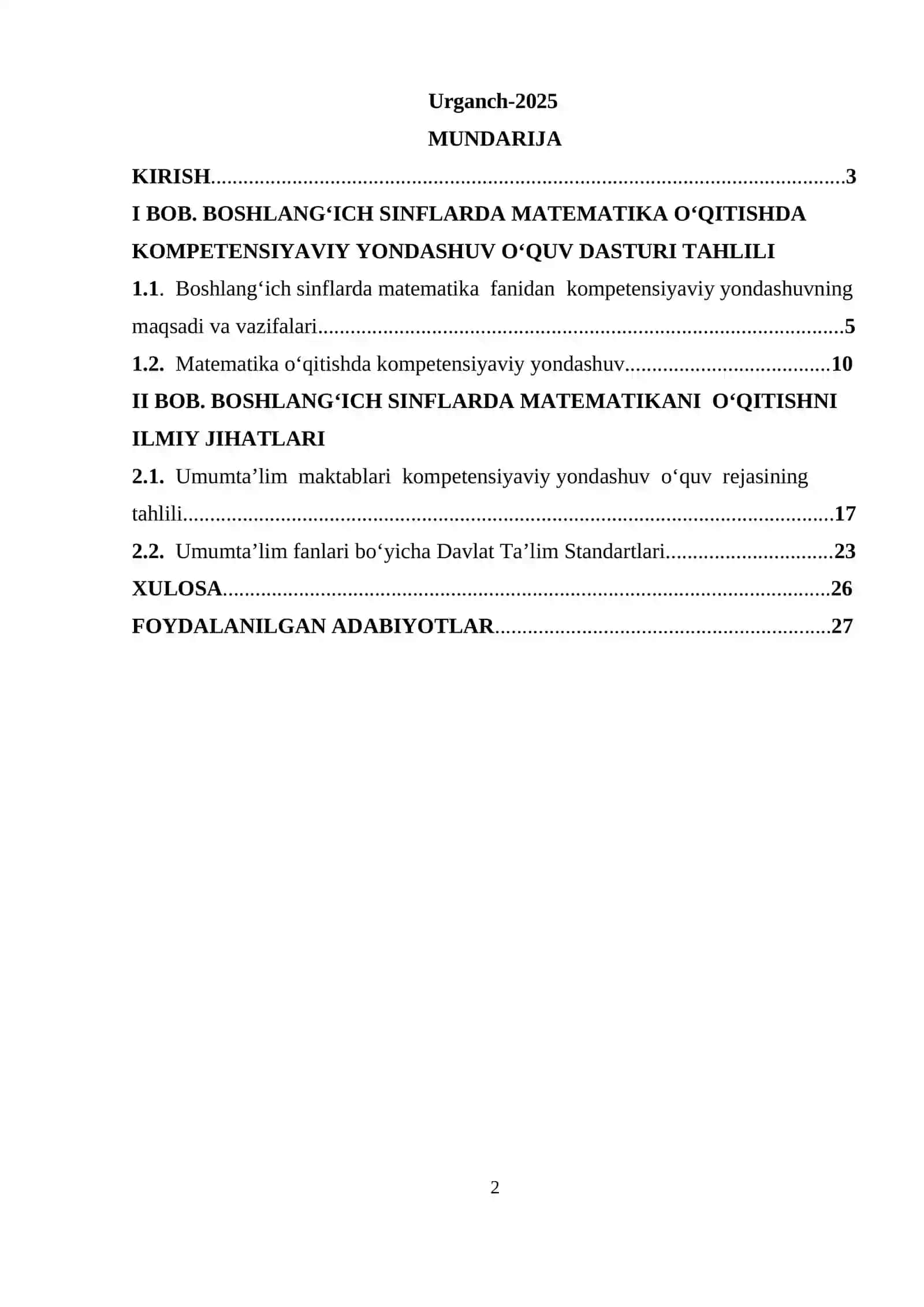 BOSHLANG‘ICH SINFLARDA MATEMATIKA O‘QITISHDA KOMPETENSIYAVIY YONDASHUV. O‘QUV DASTURI TAHLILI 2