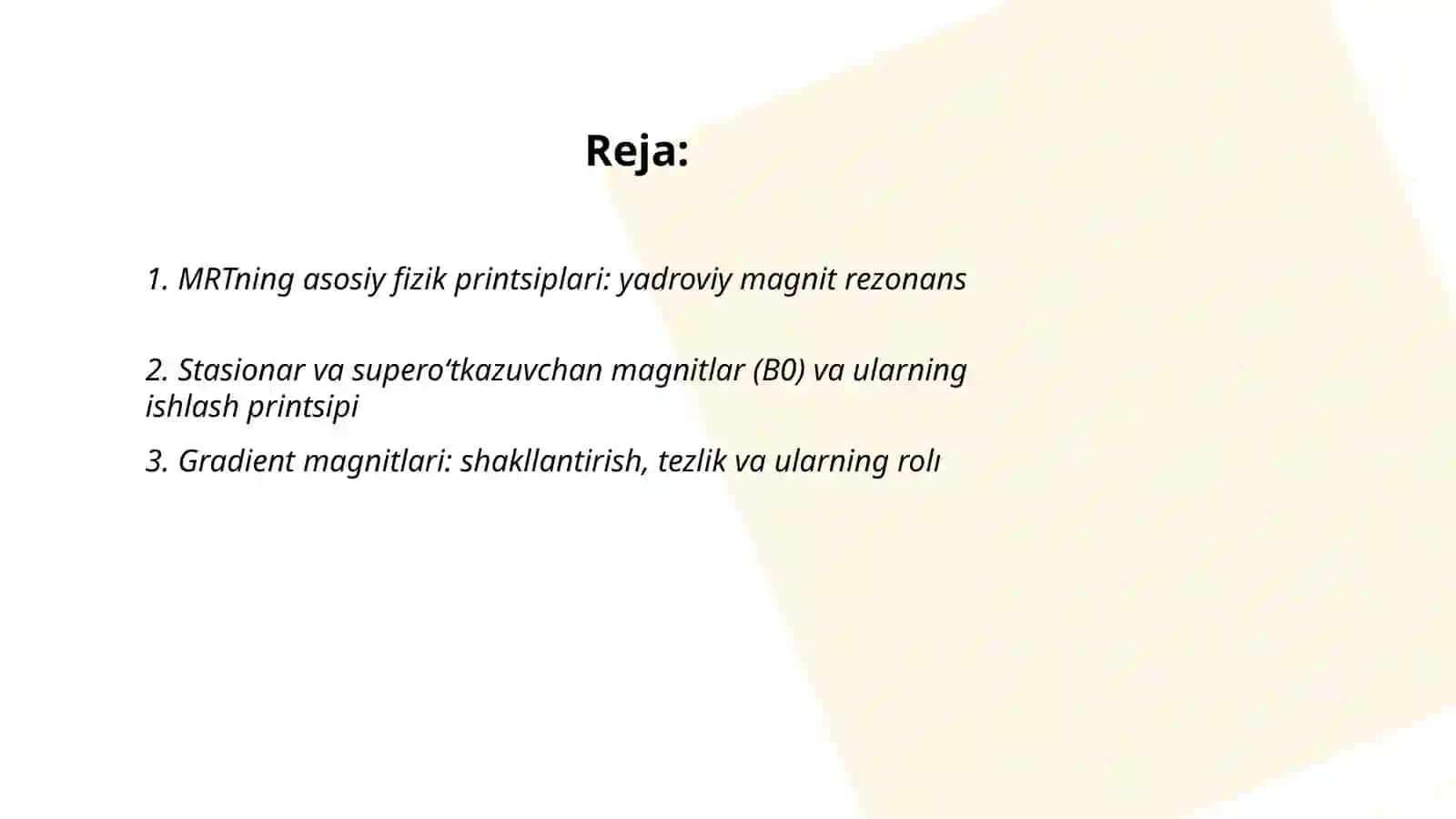 Maxsus tibbiy markazlarda qo'llaniladigan yuqori texnologik tibbiy texnik magniterozonans tomografi (MRT) ning ishlash prinspini o’rganish 2