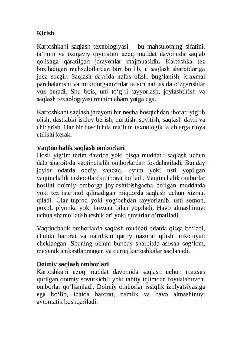 Kartoshkani vaqtinchalik va doimiy omborlarda saqlash texnologiyasi. 2