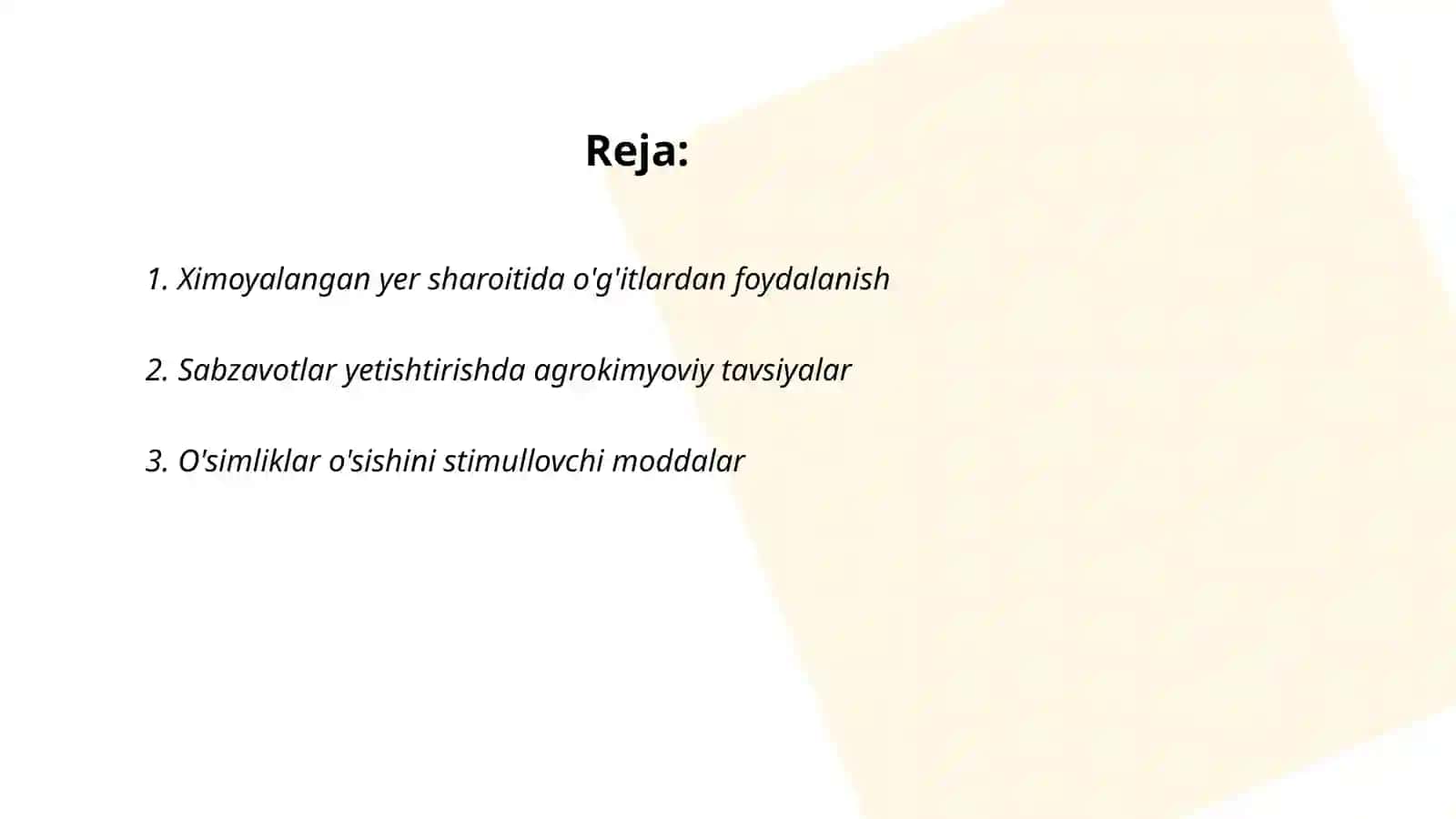 Ximoyalangan yer sharoitida sabzavotlar yetishtrishda agrokimyo xizmatini tashkil qilish 2