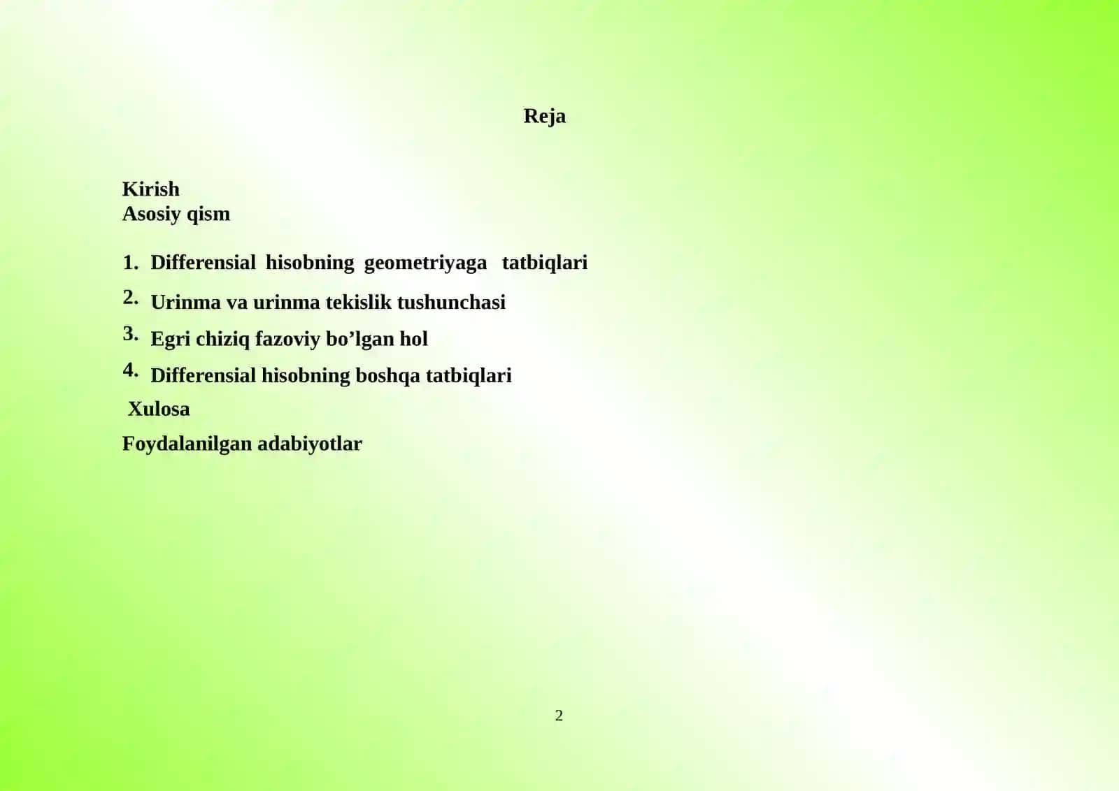 Differensialhisobning geometriyaga ba'zi tatbiqlari 2