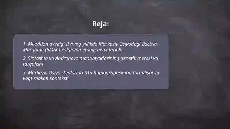 Miloddan avvalgi 2-ming yillikda o'rta osiyo etnogenetik tarixining ba'zi bir masalalari haqidama'lumot 2