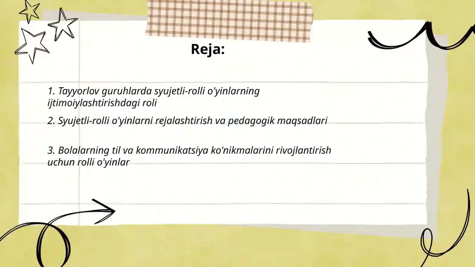 Tayyorlov guruhlar uchun tavsiya qilingan o'yinla:syujetli-rolli o'yinlar bolani ijtimoylashtirish vositasi sifatida 2