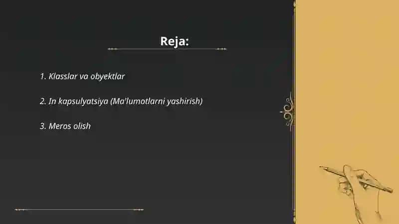 Obyektga yoʻnaltirilgan dasturlar haqida umumiy tushunchalarda doir misollar keltiring va ular xaqida yozing 2