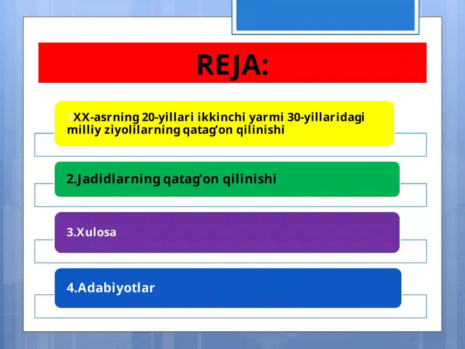 XX asrning 20-yillari ikkinchi armi 30-yillaridagi milliy ziyolilar qatag'onqilinishi 2