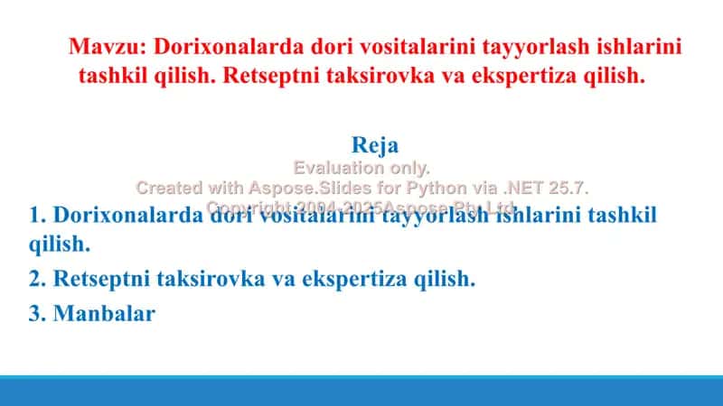Dorixonalarda dori vositalarini tayyorlash ishlarini tashkil qilish. Retseptni taksirovka va ekspertiza qilish. Taqdimot 21 bet. 2