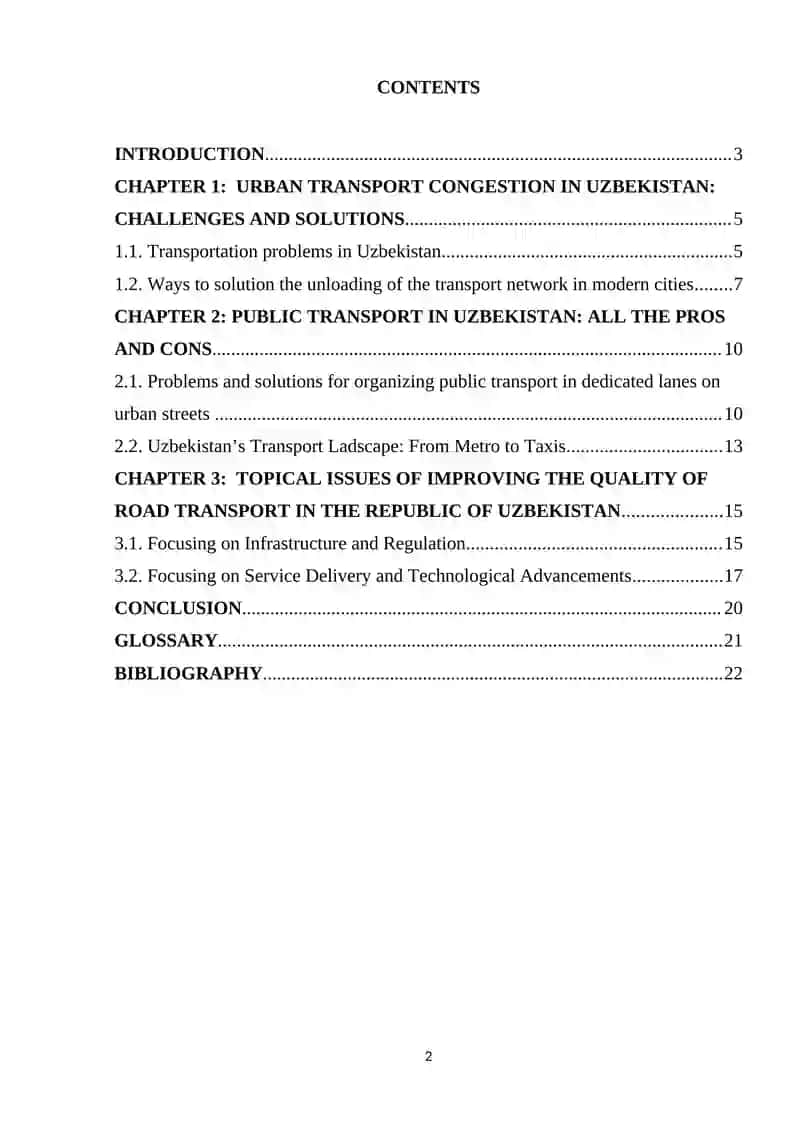 COURSE WORK THEME: TRANSPORT PROBLEMS IN UZBEKISTAN, TRAFFIC PROBLEMS AND SOLUTIONS, PUBLIC TRANSPORT, ROAD SAFETY. 2