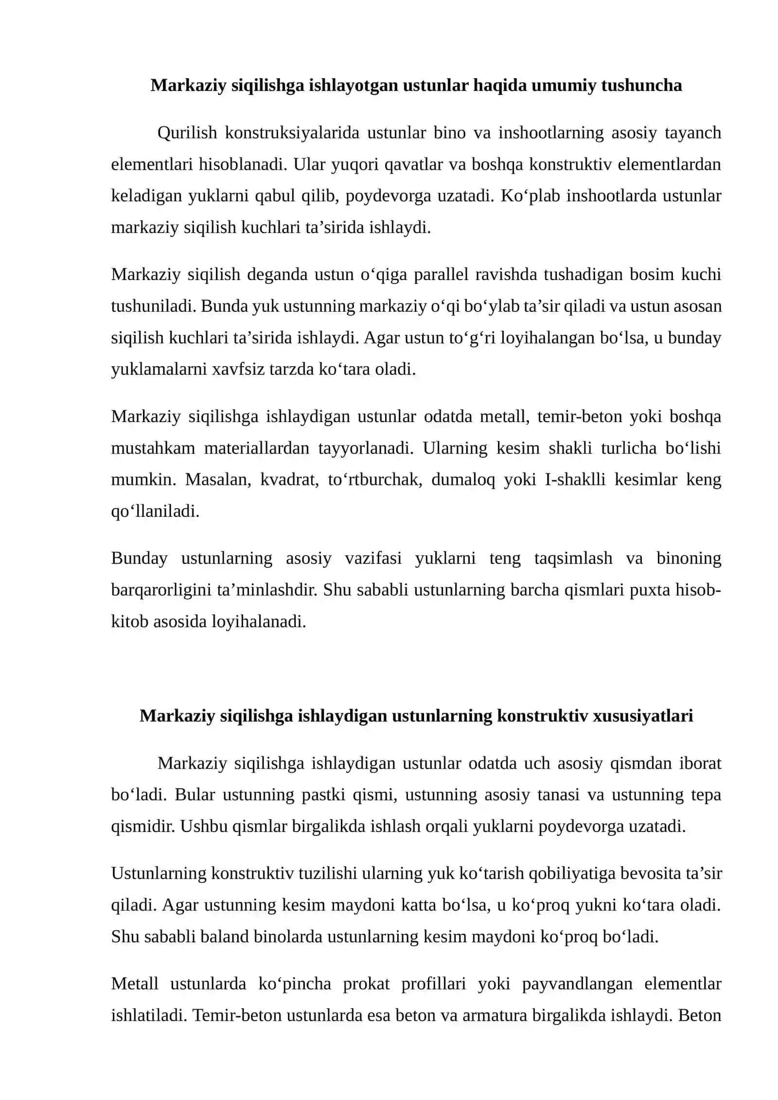 Markaziy siqilishga ishlayotgan ustunlar va ularning konstruktiv tuzilishi 2
