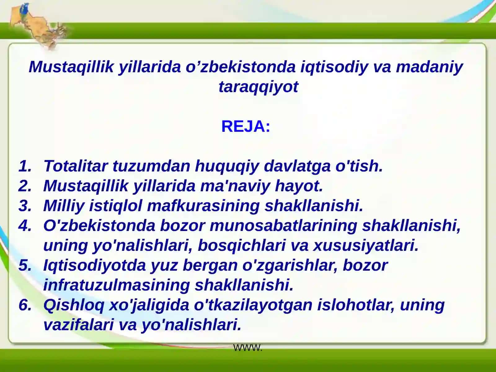 Mustaqillik yillarida o’zbekistonda iqtisodiy va madaniy taraqqiyot 2