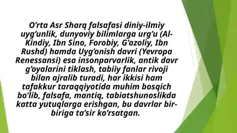 Oʻrta asr sharq falsafasi va uygʻonish davri xususiyatlari 2