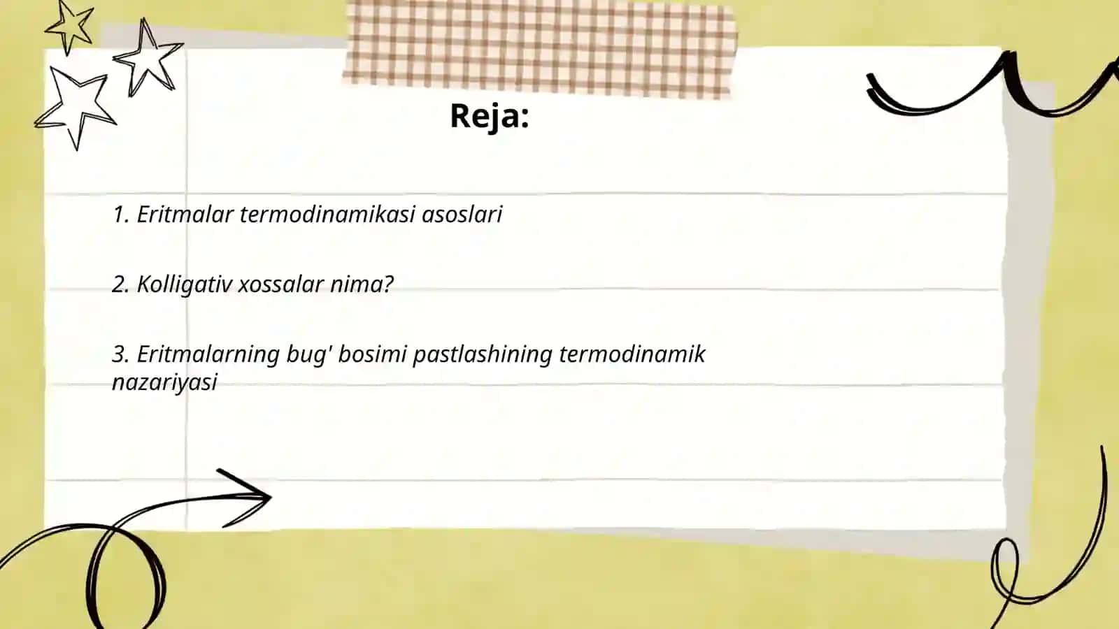 Eritmalarning termodinamik nazariyalari asosida ularning kolligativ xossalarini aniqlash usullarini mustaqil o'zlashtirish 2