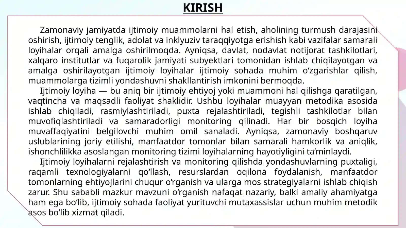 IJTIMOIY LOYIHALARINI RASMIYLASHTIRISH REJALASHTIRISH MUVOFIQLASHTIRISH VA MONITORING QILISH JARAYONI 2
