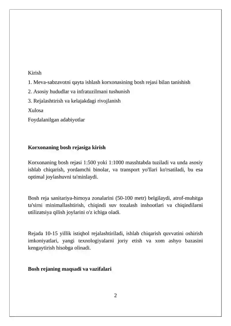 Meva va sabzavotlarni qayta ishlash korxonasining bosh plani 2