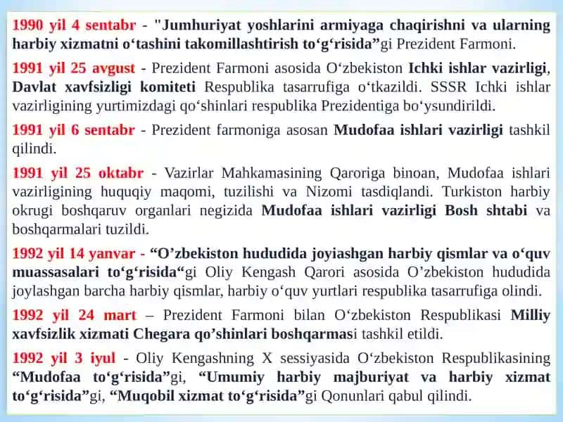 O‘zbekistonda qurolli kuchlar, ichki ishlar va davlat xavfsizlik, favqulotda vaziyatlar xizmatlari tizimidagi islohotlar 2