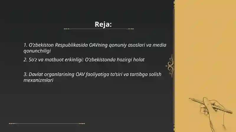 Oʻzbekiston Respublikasida OAVning qonuniy asoslari va media qonunchiligi 2