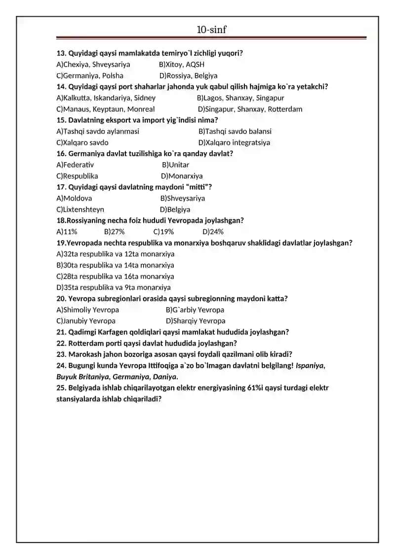 10-sinf yangi nashr etilgan geografiya darsligi asosida tuzilgan test 2