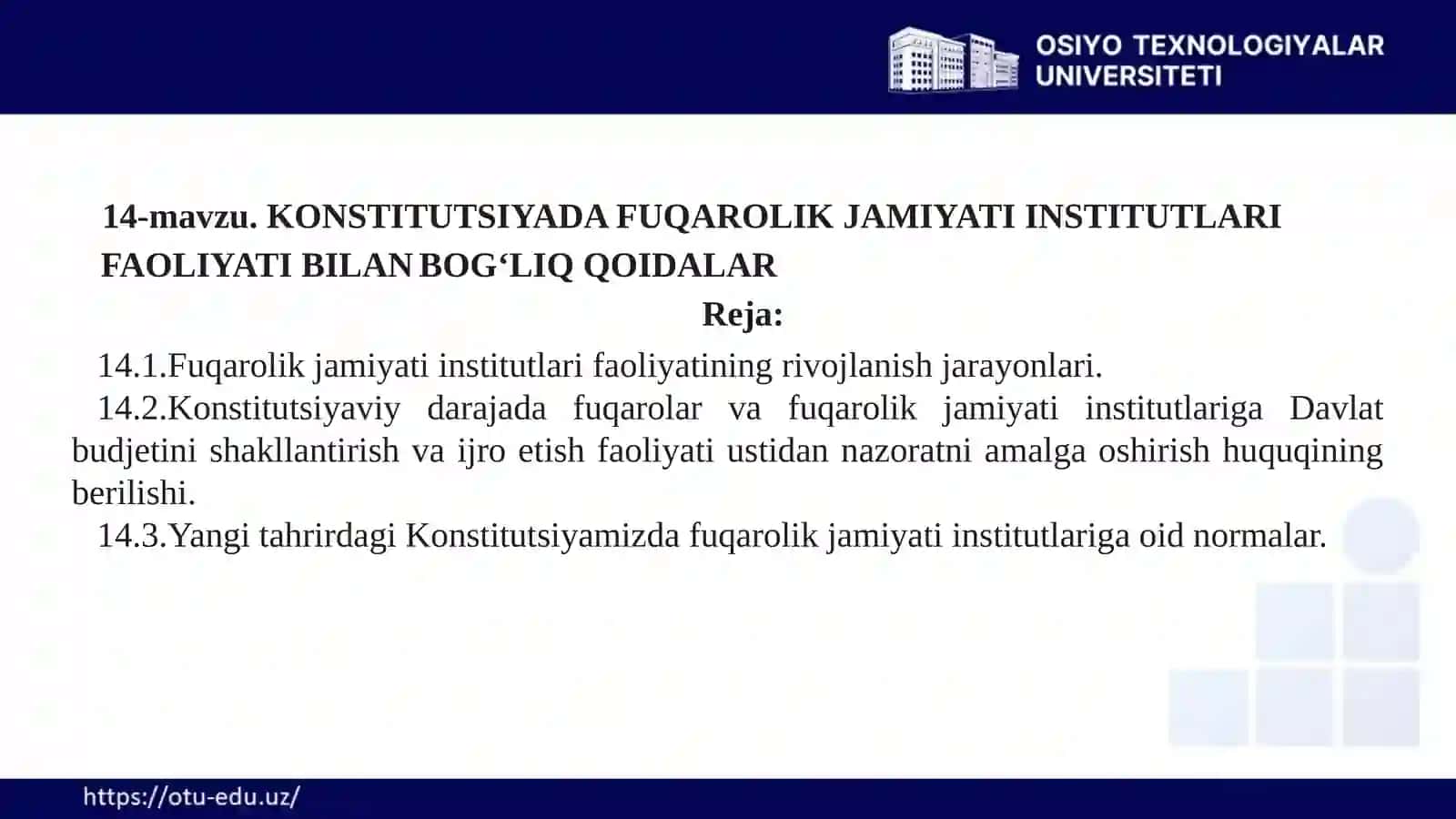 KONSTITUTSIYADA FUQAROLIK JAMIYATI INSTITUTLARI FAOLIYATI BILAN BOG'LIQ QOIDALAR 2