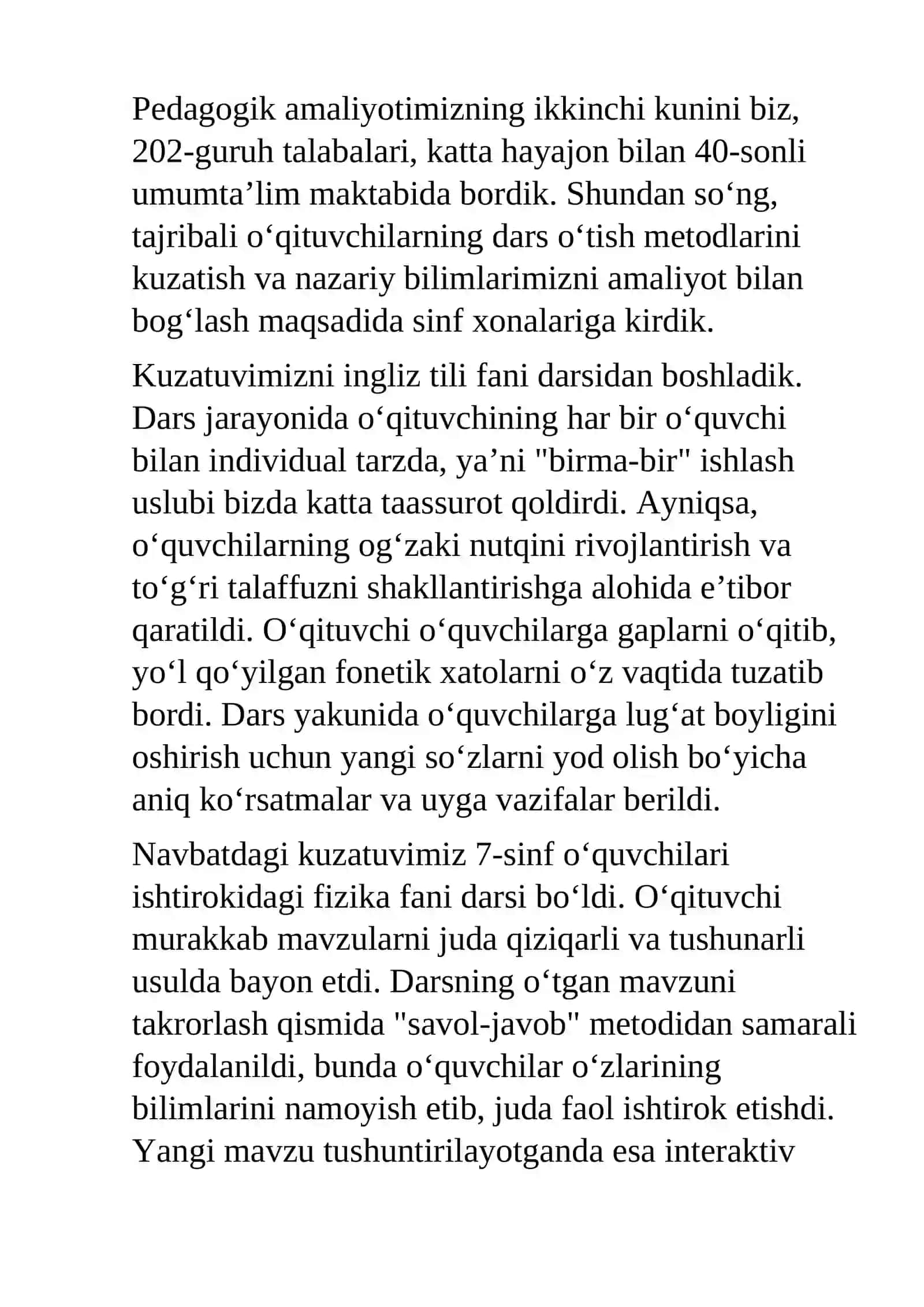 pedagogika AMALIYOT HISOBOTI 2