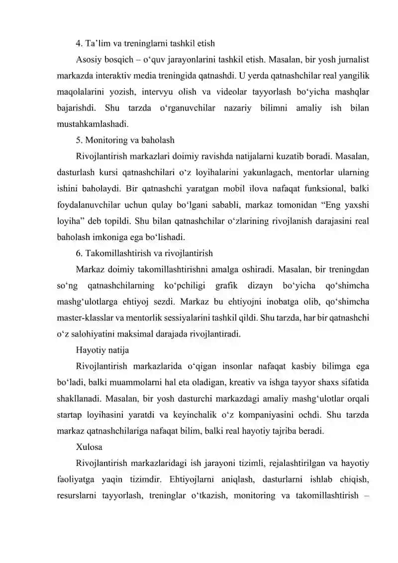 Rivojlantirish markazlarida olib boriladigan ish jarayonlari hayotiy voqealar bilan 2