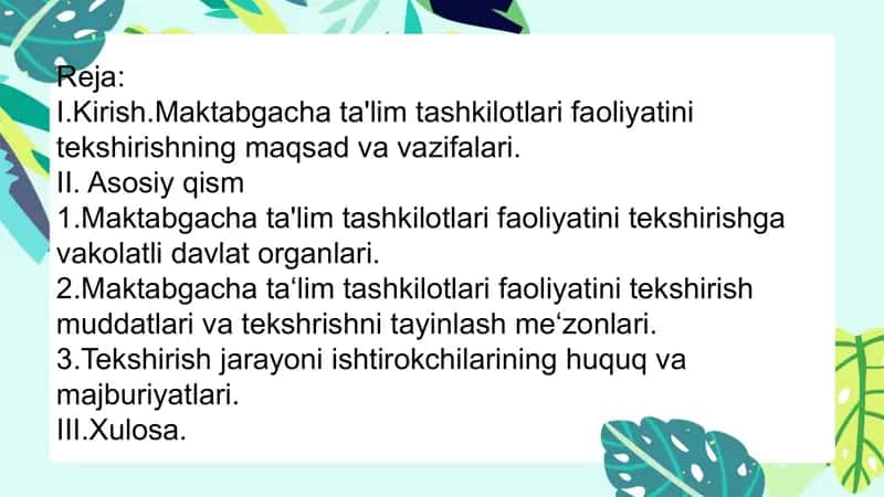 Maktabgacha ta'lim ta'lim toifaliyati ni tekshirishning maqsadlari va vazifalari 2