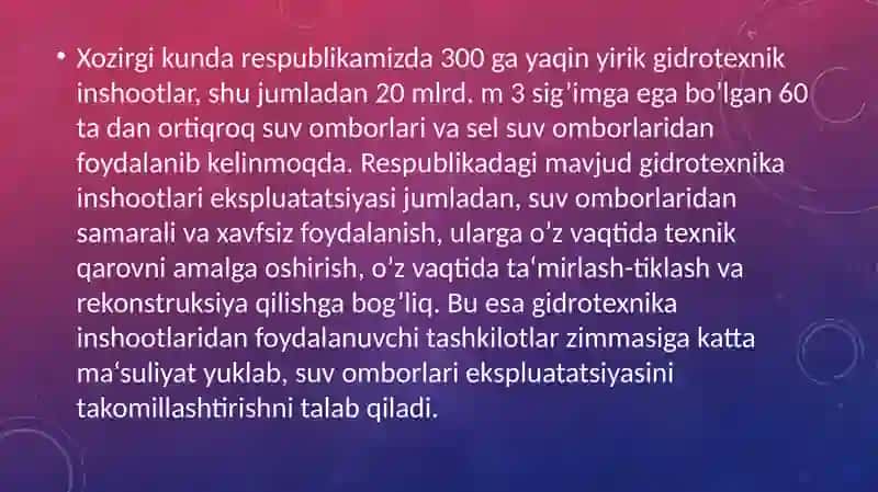 Respublikadagi suv omborlari to'g'risida ma'lumotlar. 2