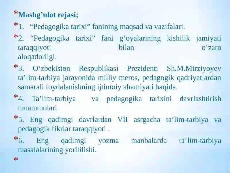 Pedagogika tarixi fanidan mashg'ulotlar 2