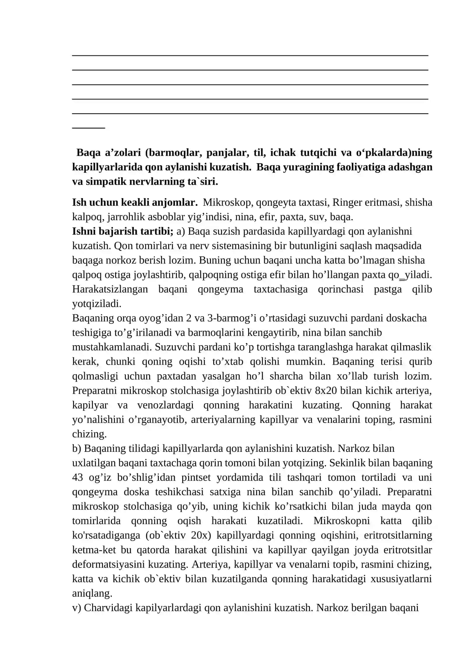 LABORATORIYA. Yurak faoliyatiga turli kimyoviy moddalar (kaliy, natriy, kalsiy, alkogol, adrenalin, atsetilxolin)ning ta’siri 2