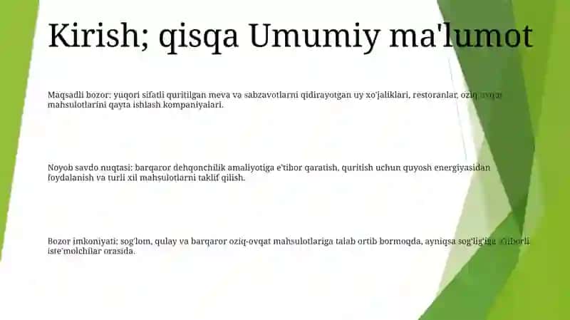 Meva Va Sabzavotlarni Qurutish Biznes Reja 2