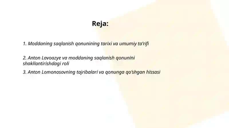 Moddaning saqlanish qonuni va uning yaratilishida olimlarning tajribalari 2