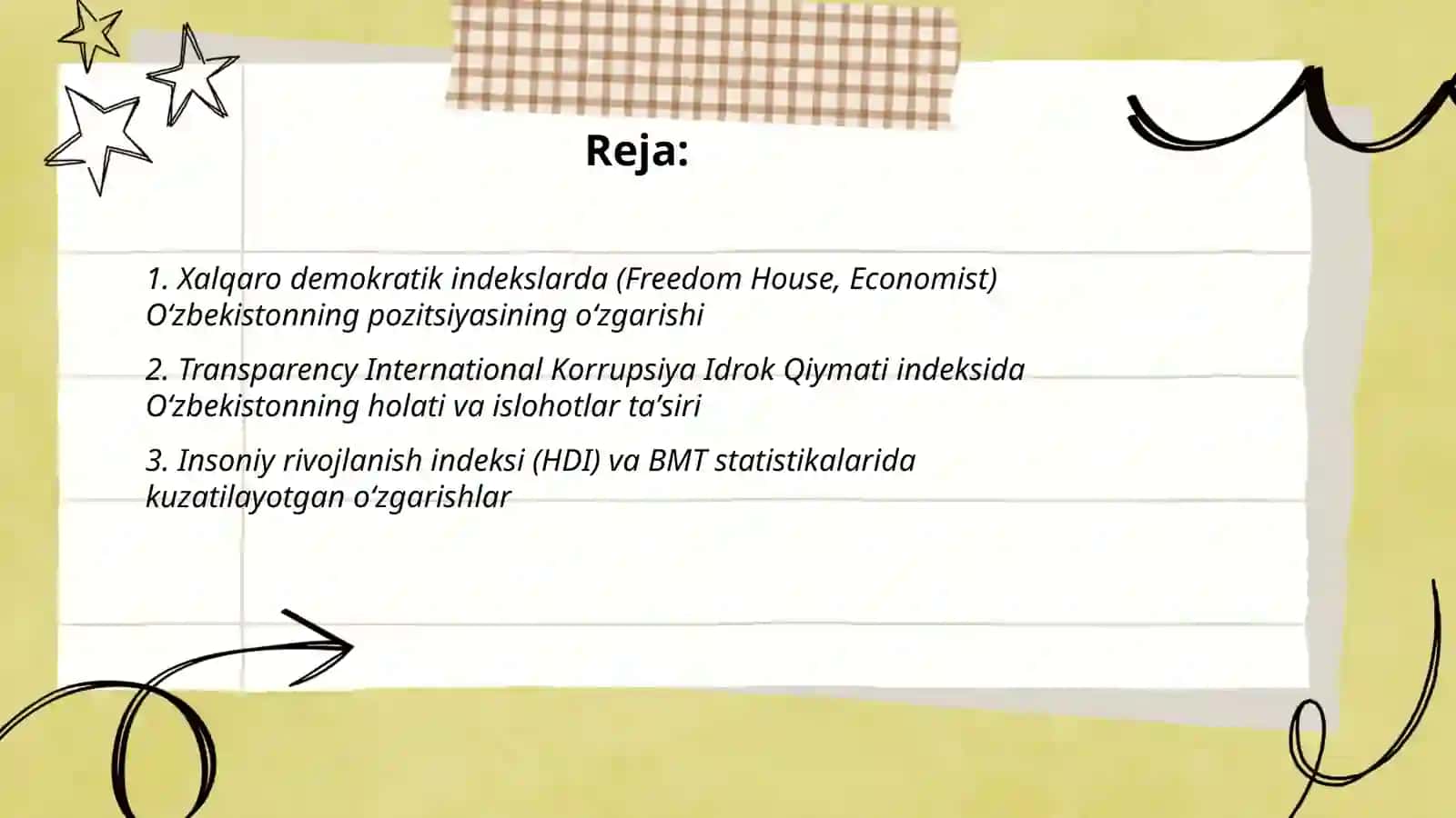 Yangi Oʻzbekiston ijtimoiy-siyosiy, iqtisodiy va madaniy hayotida roʻy berayotgan oʻzgarishlarning xalqaro reyting va indekslarda aks etishi 2
