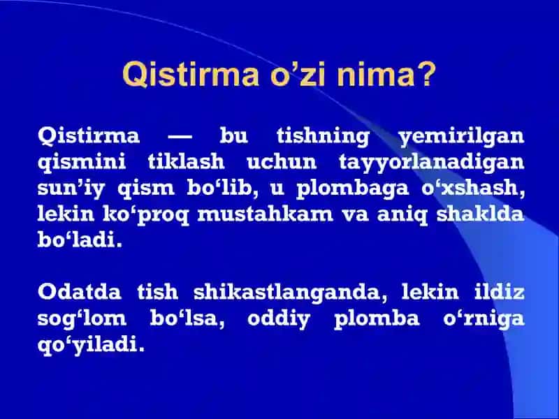 Qistirmalar qo’yish uchun Tish qattiq to’qimasi bo’shliqlarini shakllantirish 2