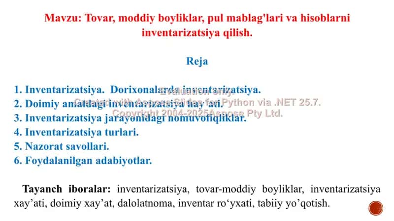 Tovar, moddiy boyliklar, pul mablag'lari va hisoblarni inventarizatsiya qilish. 17-amaliy mashg'ulot taqdimoti 17 bet. 2