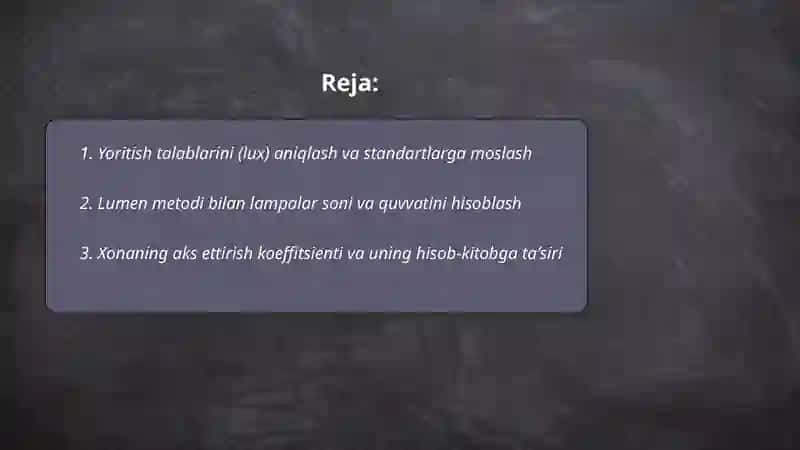 Yoritish tizimi uchun lampalar sonini va quvvatini aniqlash 2