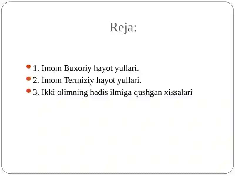 Imon Buxoriy va Imom Termiziyning hadisil miga qo’shgan h issalarini qiyosiy tahlil qilish 2