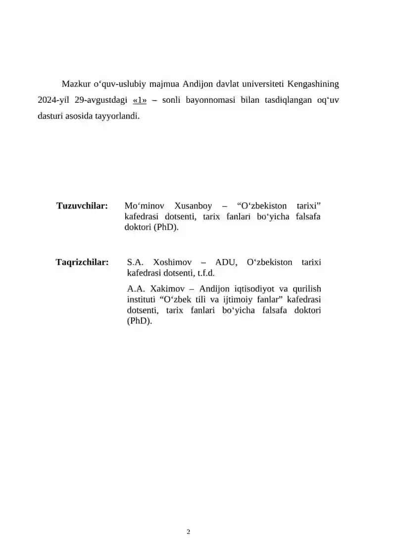 O‘ZBEKISTONNING ENG YANGI TARIXI O‘QUV-USLUBIY MAJMUA 2