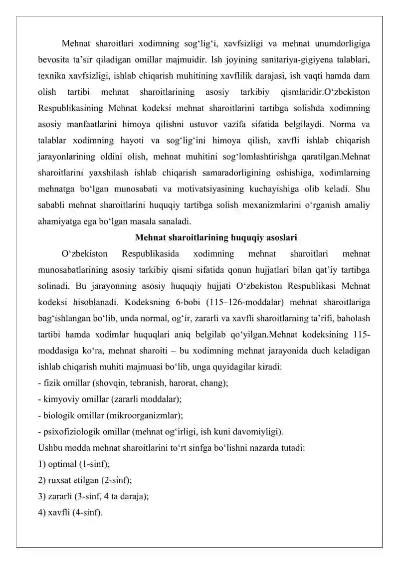 Mehnat Sharoitlari va Tartibga Solish 2
