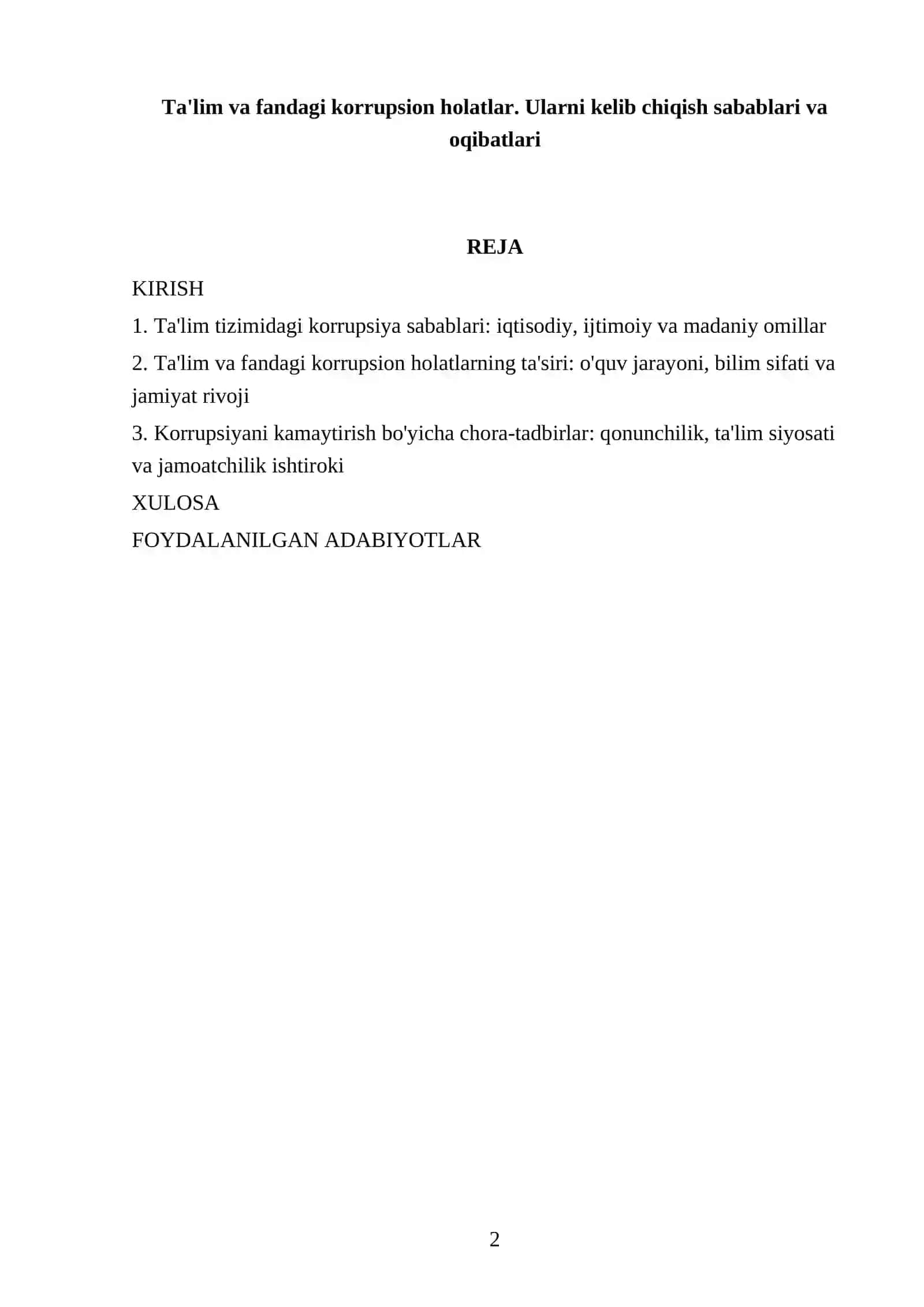 Ta'lim va fandagi korrupsion holatlar. Ularni kelib chiqish sabablari va oqibatlari 2