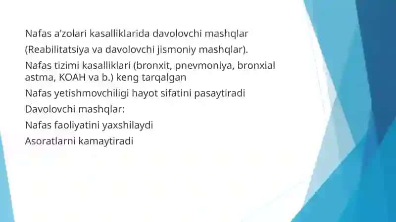 Nafas aʼzolari kasalliklarida davolovchi mashqlar 2