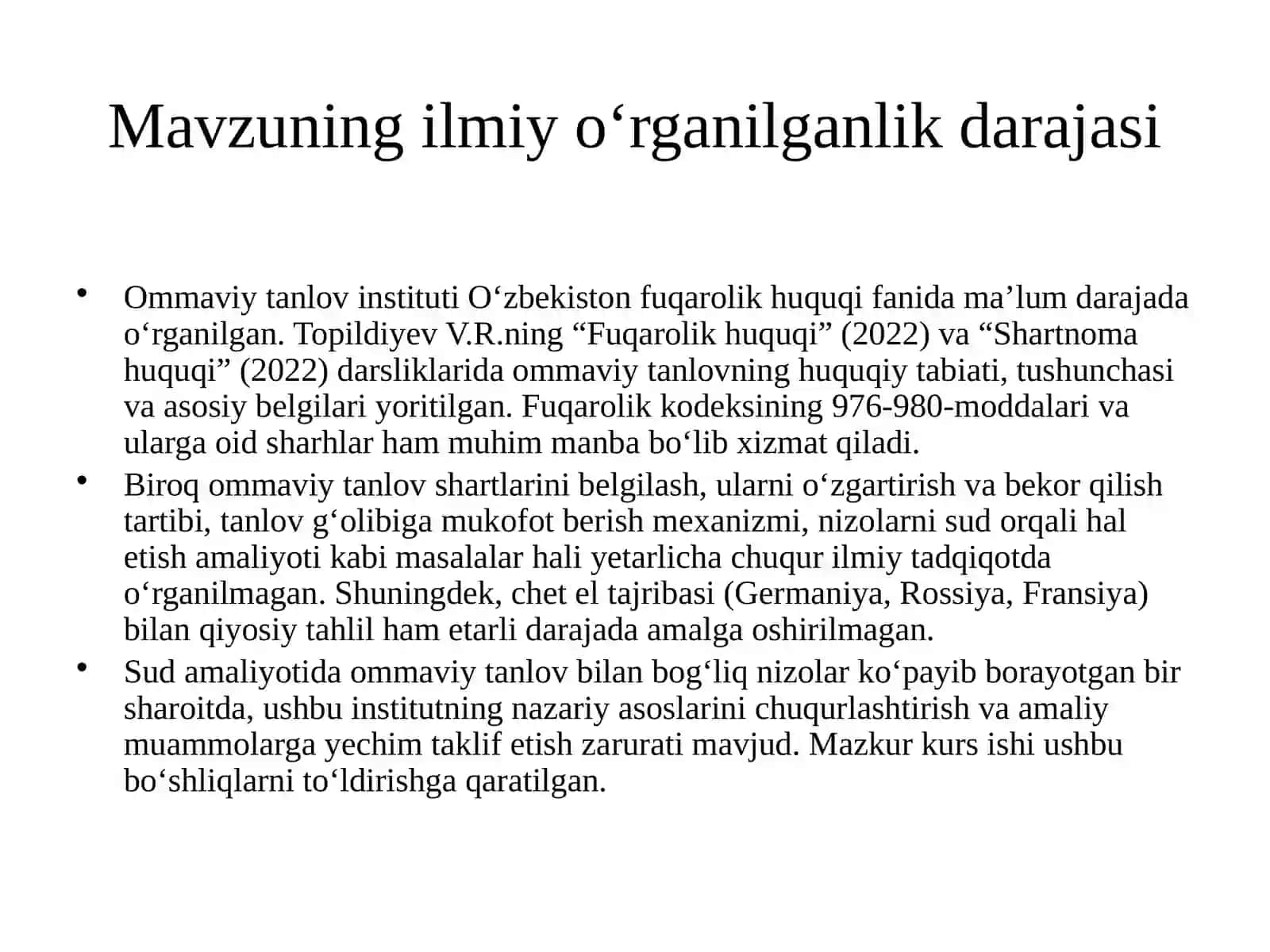 OMMAVIY TANLOVNI TASHKIL ETISH. OMMAVIY TANLOV SHARTLARI, UNI O’ZGARTIRISH VA BEKOR QILISH SHARTLARI 2