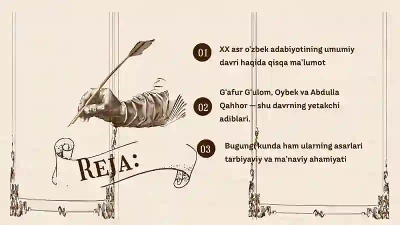 XX ASR O‘ZBEK ADABIYOTI XUSUSIYATLARI. G‘AFUR G‘ULOM, OYBEK VA ABDULLA QAHHOR ASARLARI 2