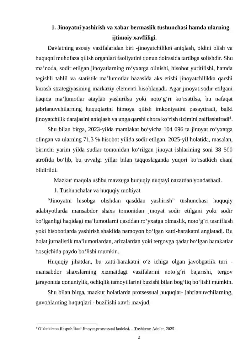 JINOYAT HAGIDA XABAR BERMASLIK YOKI UNI YASHIRISHNING JINOIY-HUQUGIY XUSUSIYATLARI 2