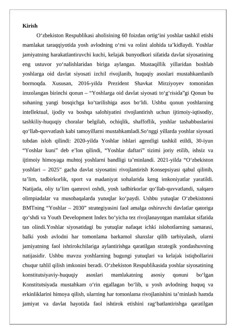 O‘zbekistonda yoshlar siyosati sohasidagi yutuqlar 2