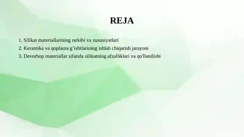 Silikat (keramik , qoplama ) g’isht va toshlardan devorbop materiallar. 2